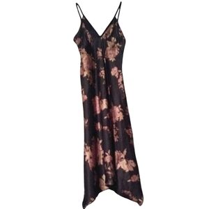 Y2K Black Pink Floral Striped Silky Slip Dress Long Midi Slipdress High Low Hem